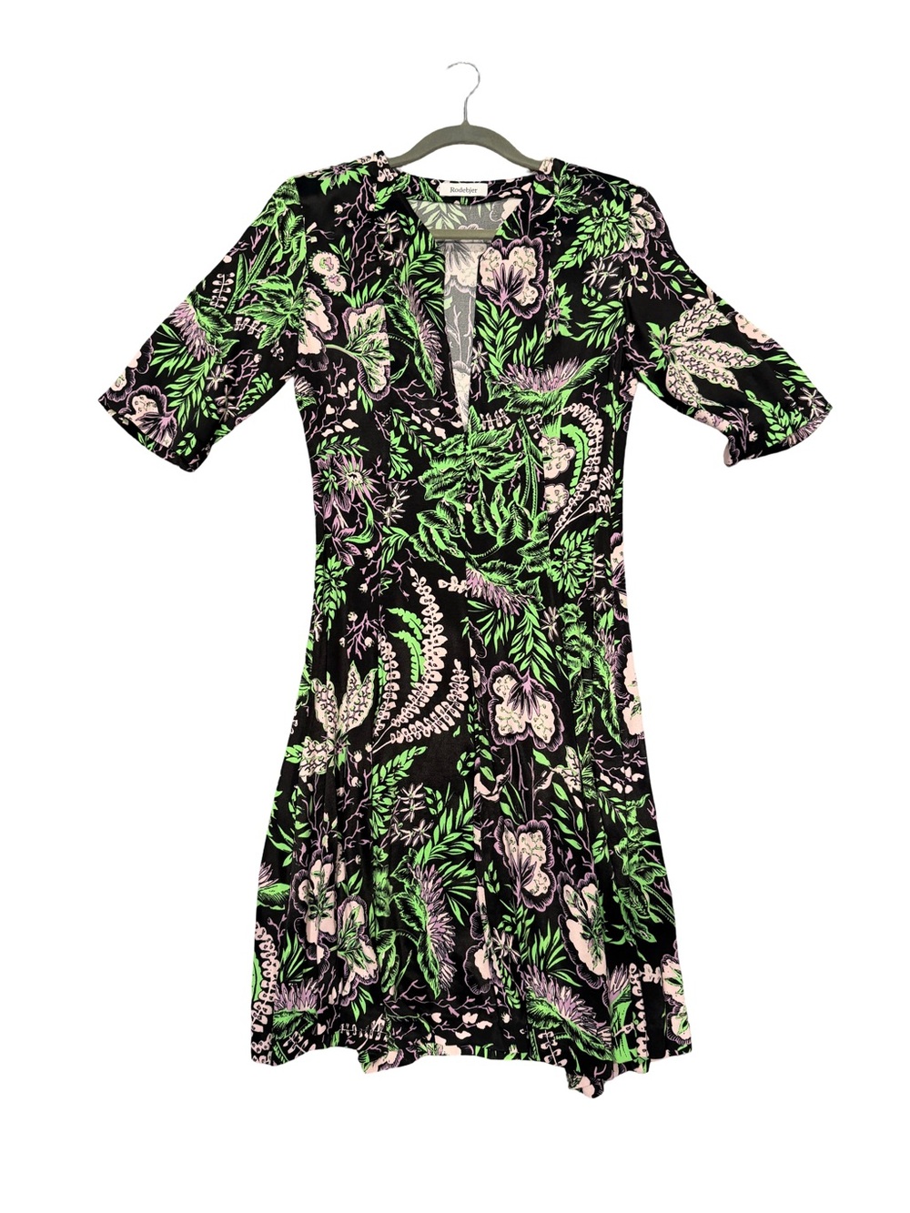 Rodebjer Floral V-Neck Mini Dress in Black with Green & Pink Print